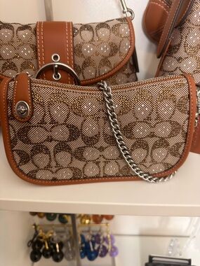 Coach Crystal Brown/Tan Signature Canvas Shoulder Bag with Silver Chain